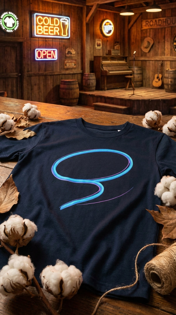 Neon Lasso Orbit and Star Organic Cotton T-Shirt - GOTS Certification Hero in Honky Tonk Bar - 90s Retro Sustainable