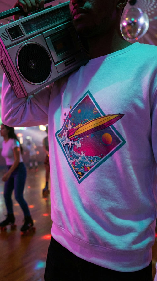 Retro Speedboat Organic Sweatshirt - Boombox Carrier in Roller Rink - 90s Retro Sustainable