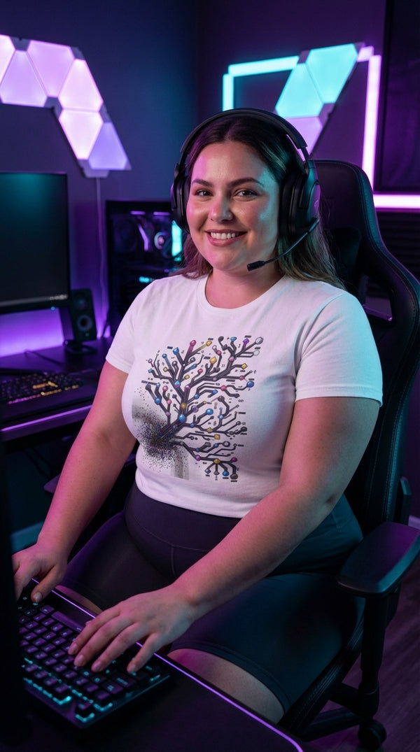 Digital Bloom Organic Cotton Gamer T-Shirt - Neon Plus Streamer in RGB Gaming Room - Mainboard Staple