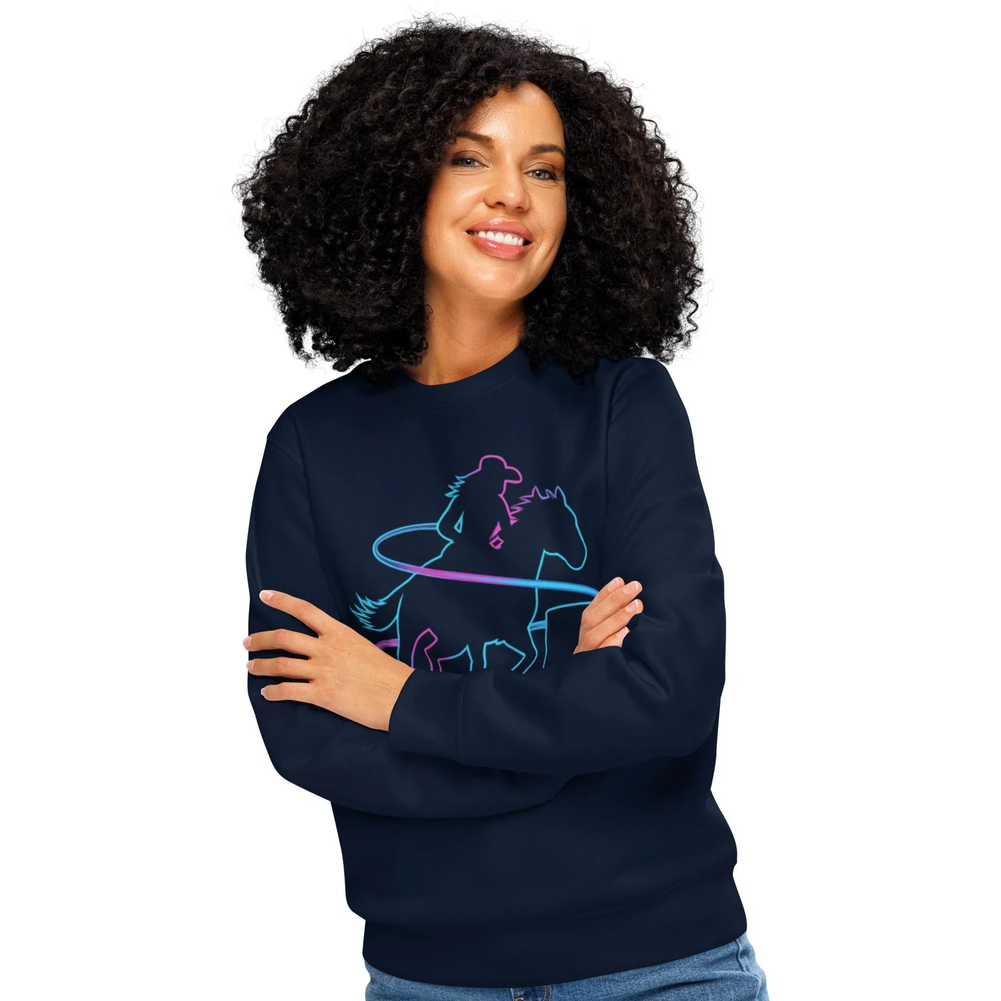 "One Clean Turn" Neon Barrel Racing Organic Sweatshirt - Sustainable Organic Design | Detailed Alternative View
