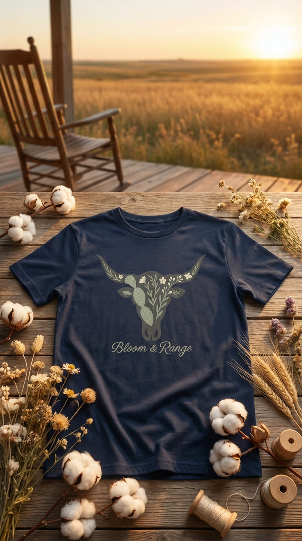 Floral Longhorn Organic Cotton Tee - GOTS Certification Hero in Ranch Porch - 90s Retro Sustainable