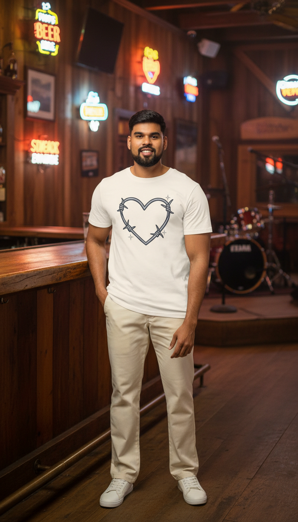 Barbed Wire Heart – Western Organic Cotton T-Shirt - Honky Tonk Regular in Honky Tonk Bar - 90s Retro Sustainable