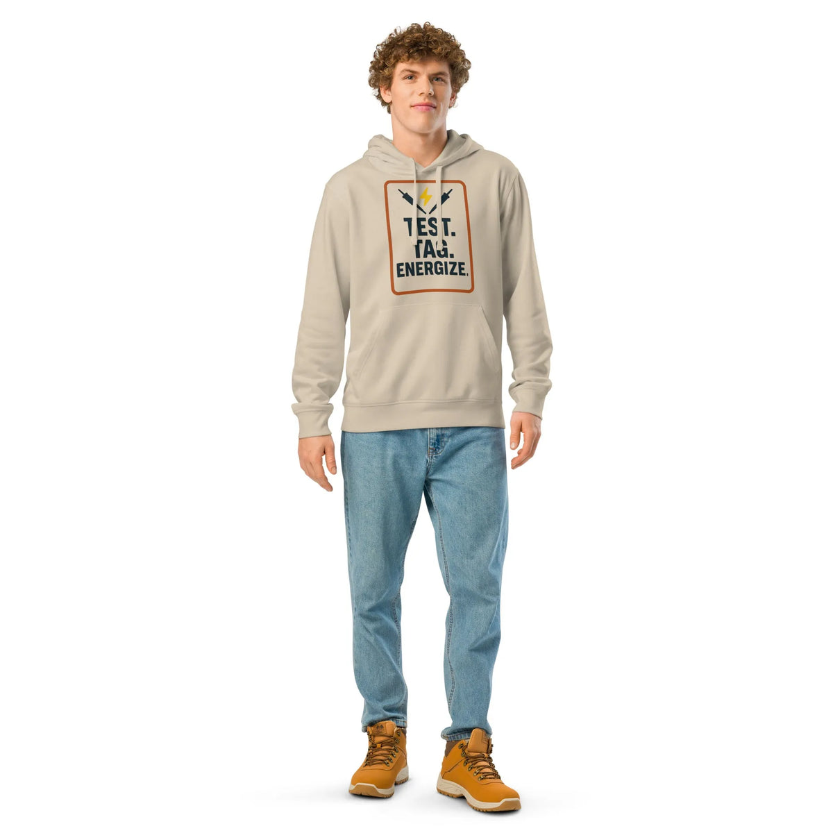 Test Tag Energize Organic Hoodie | Blue-Collar Edition - Sustainable Organic Design | Primary Mockup Front View