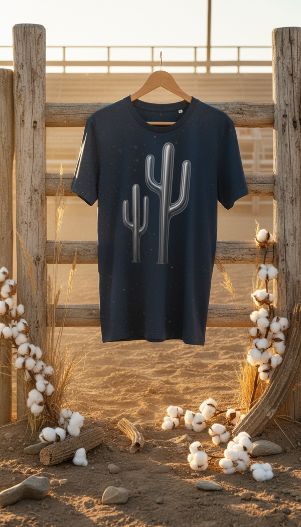 Chromed Saguaro Cacti – Western Organic Cotton T-Shirt - GOTS Certification Hero in Rodeo Arena - 90s Retro Sustainable
