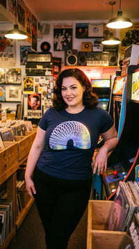 Retro Iridescent Slinky 90s Metallic Rainbow Coil T-Shirt - Retro Plus Arcade in Vintage Record Store - 90s Grunge Revival