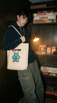 Eco Love Monster Tote Bag - 90s Mall Goth in Cozy Game Den - Eco-Aesthetic Lifestyle