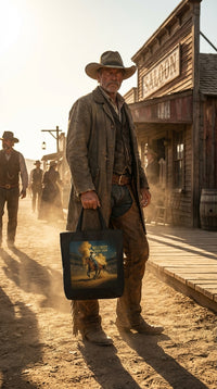 Wild West Rodeo Show Organic Cotton Tote Bag - Cowboy Model in Western Town - Eco-Aesthetic Lifestyle