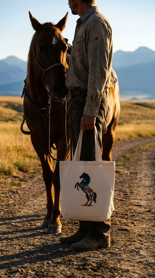 Midnight Mustang Desert Landscape Organic Cotton Tote Bag - Trail Rider in Open Range - Eco-Aesthetic Lifestyle