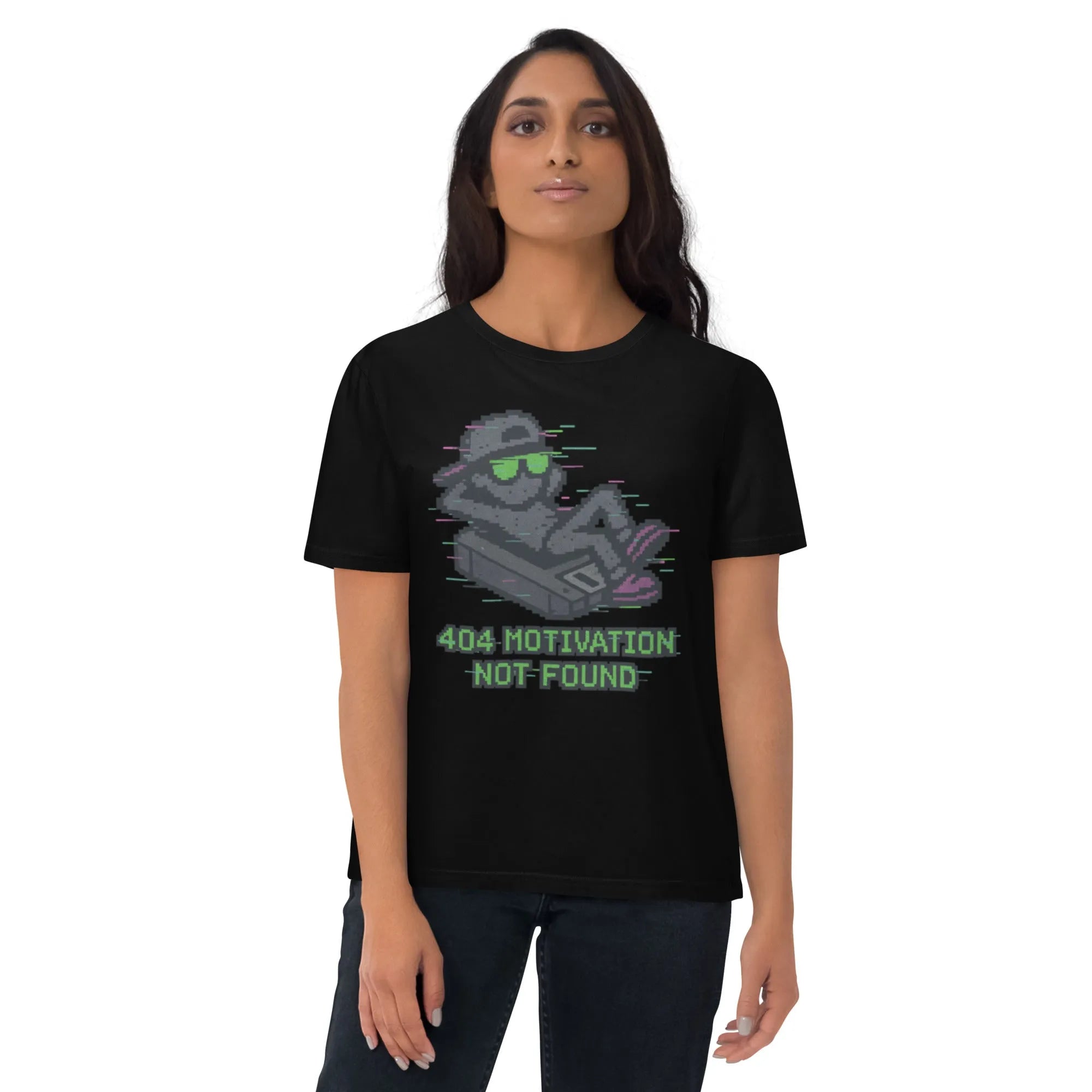 404 Motivation Not Found | Organic Gamer Glitch Tee - Sustainable Organic Design | Primary Mockup Front View