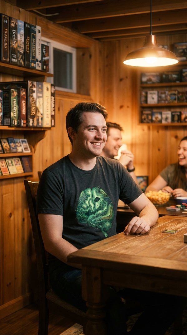 Sustainable Retro Gaming Mind Map Organic Cotton T-Shirt - Kitchen Table Casual (CCG) in Cozy Game Den - Mainboard Staple