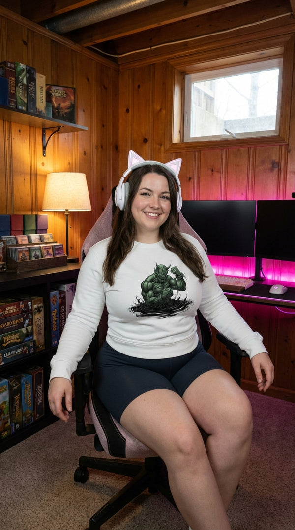 Unleashed Oni Demon Organic Cotton Crewneck Sweatshirt - Cozy Plus Gamer in Cozy Game Den - Legendary Pull