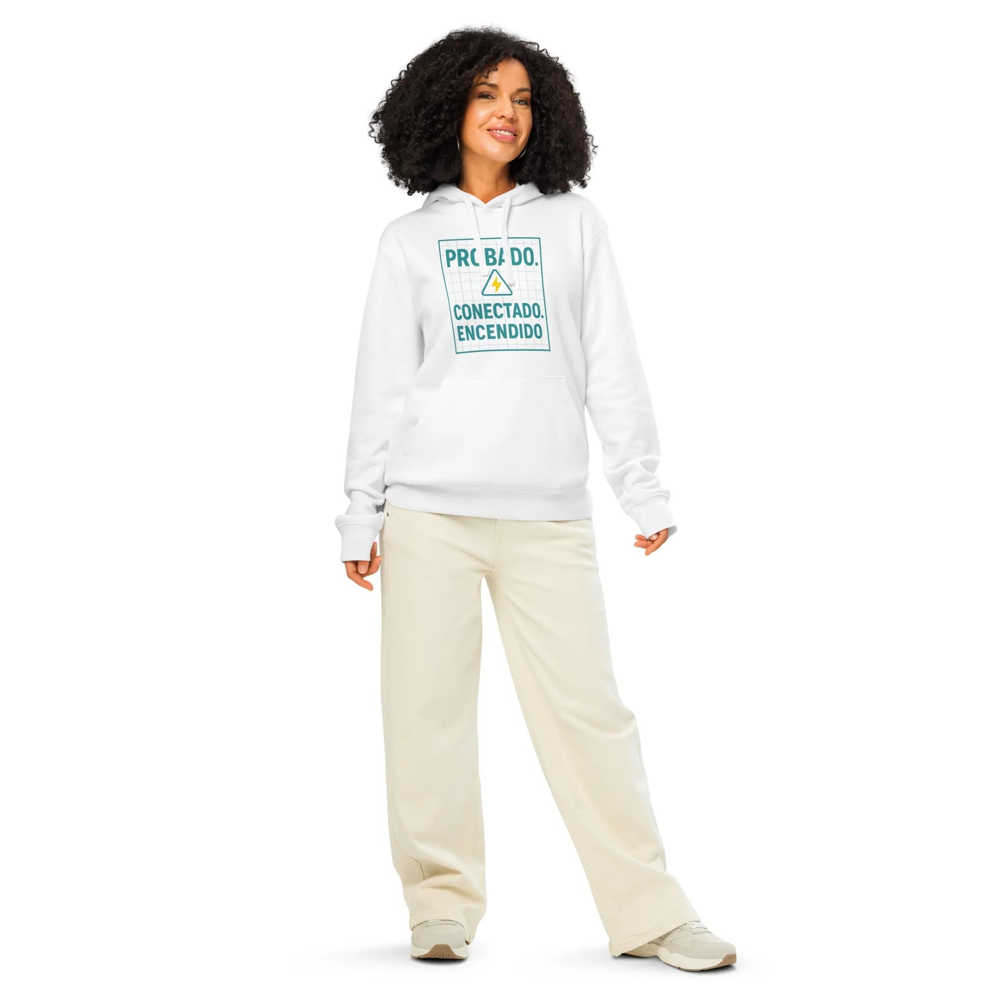 "Probado. Conectado." Organic Electrician Hoodie | Blue-Collar Pride Collection - Sustainable Organic Design | Primary Mockup Front View