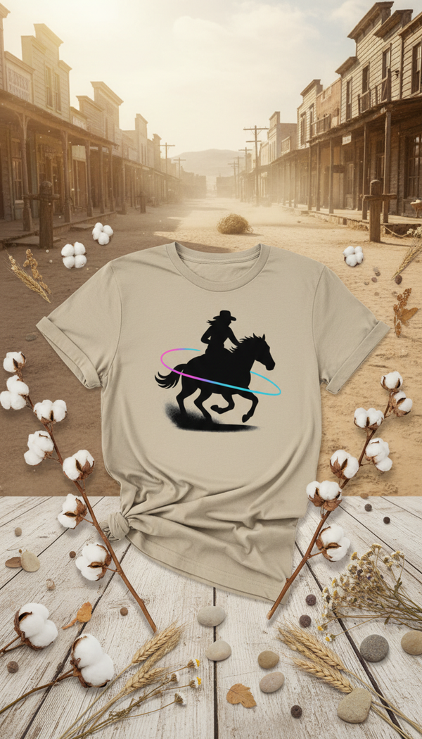 Neon Barrel Racer in Motion Unisex Organic Cotton T-Shirt - GOTS Certification Hero in Western Town - 90s Retro Sustainable