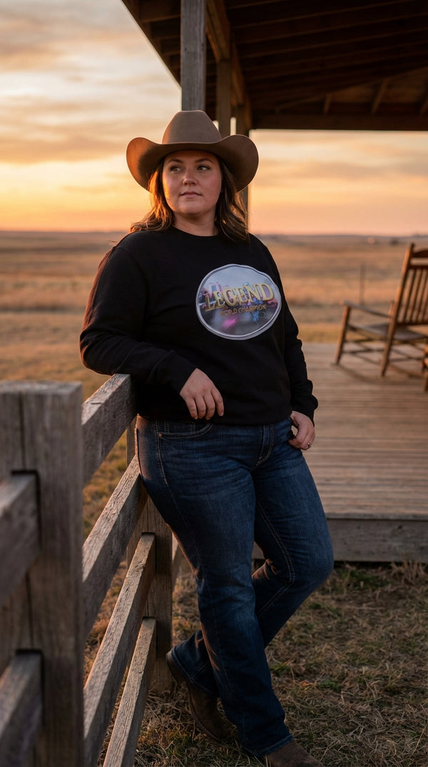 Legend World Champion Organic Cotton Crewneck Sweatshirt - Cowgirl Model in Ranch Porch - Eco-Aesthetic Lifestyle