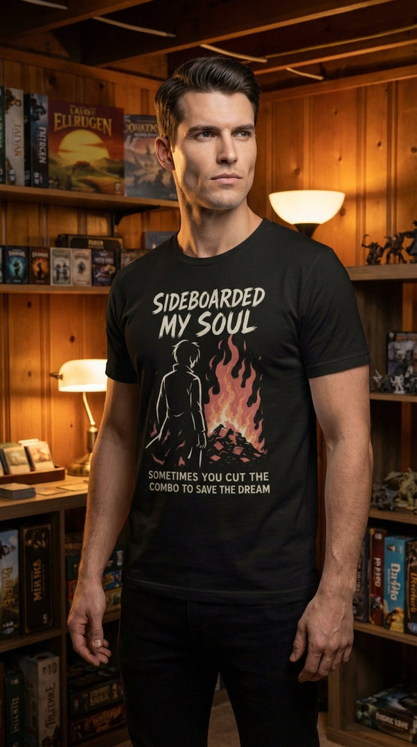 Sideboarded My Soul Unisex Organic T-Shirt - Male Model in Cozy Game Den - Kitchen Table Legend