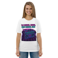 Neon Boombox Organic Tee – Retro Synthwave Edition - Sustainable Organic Design | Primary Mockup Front View