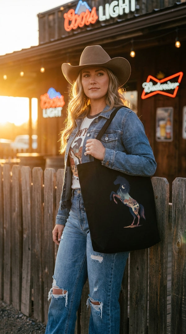 Midnight Mustang Organic Tote Bag - Cowgirl Model in Honky Tonk Bar - Eco-Aesthetic Lifestyle