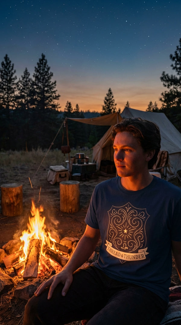 Thread & Thunder Stitched Western Shield Organic Unisex T-Shirt - Campfire Storyteller in Campfire at Night - 90s Retro Sustainable