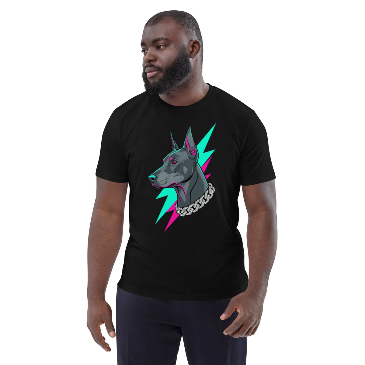Cyberpunk Doberman Graphic Organic Cotton T-Shirt - Sustainable Organic Design | Primary Mockup Front View