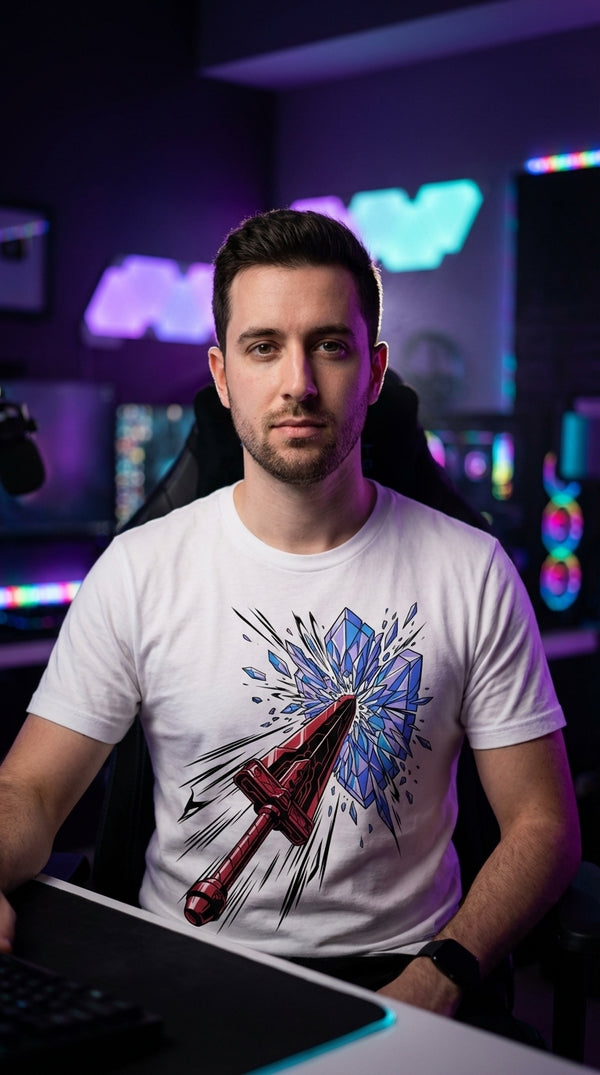 Crystal Shatter Sword Organic graphic tee worn in a rgb gaming room