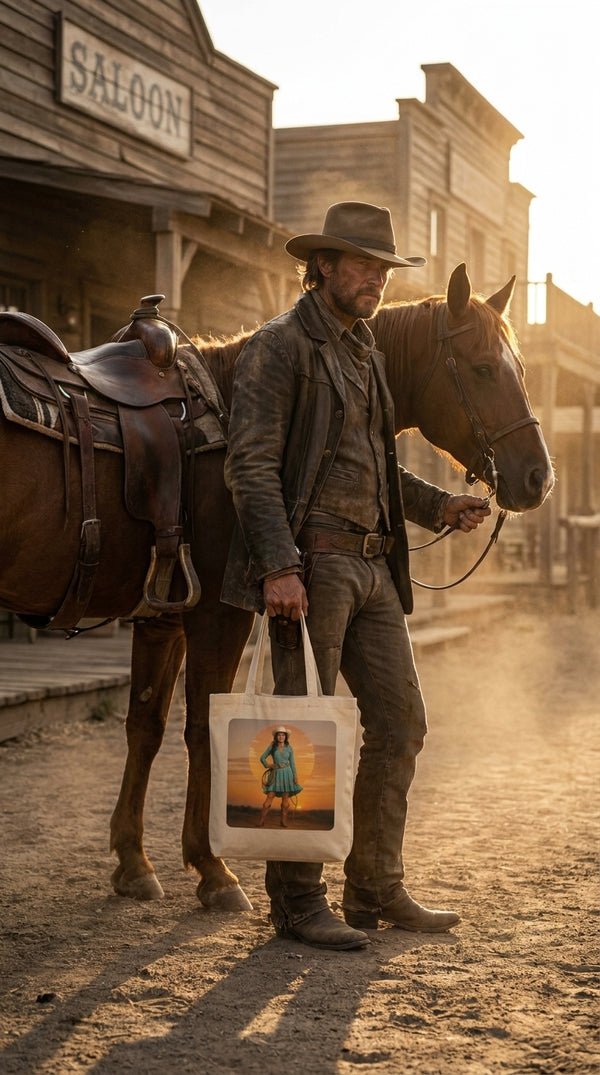 California Cowgirl Chic Organic Cotton Tote Bag - Sunset Western Fashion Eco-Friendly Shopper - Trail Rider in Western Town - Eco-Aesthetic Lifestyle