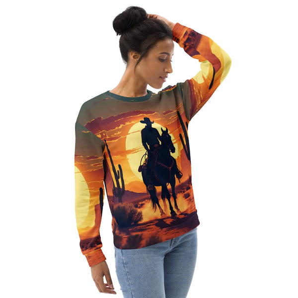 Desert Dusk Rider | Verified Sustainable Recycled Sweatshirt - Western Streetwear - Sustainable Organic Design | Detailed Alternative View