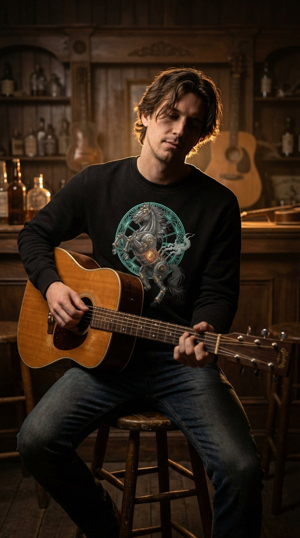 Steampunk Stallion Organic Cotton Sweatshirt - Acoustic Guitarist in Saloon Interior - Eco-Aesthetic Lifestyle
