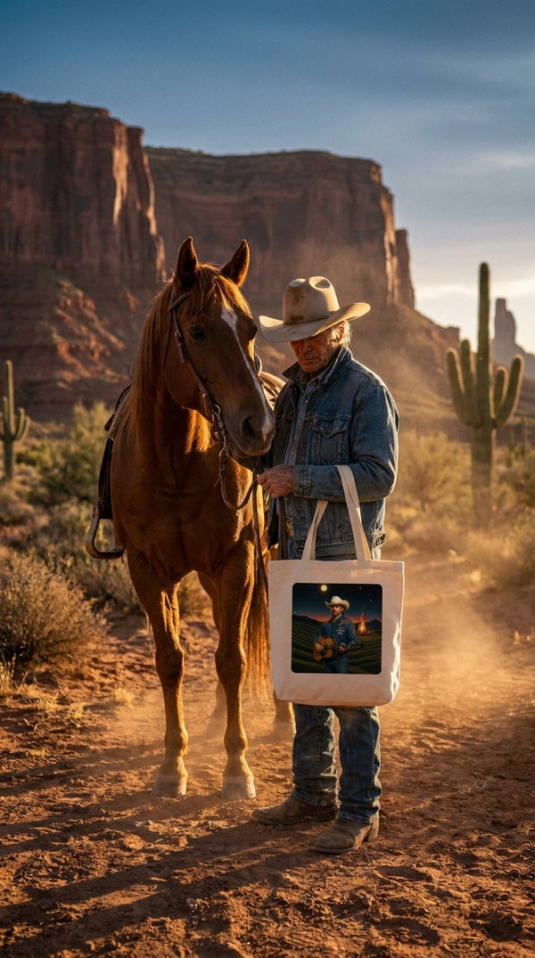 Campfire Cowboy Guitar Organic Cotton Tote Bag - Country Music Moonlit Eco-Friendly Shopper - Trail Rider in Desert Canyon - Eco-Aesthetic Lifestyle