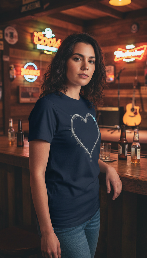 Heart of Barbed Wire and Starburst Organic Cotton T-Shirt - Honky Tonk Regular in Honky Tonk Bar - 90s Retro Sustainable