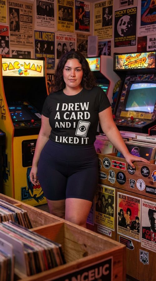 "I Drew A Card" Organic Gamer graphic tee worn in a vintage record store — card shop duel