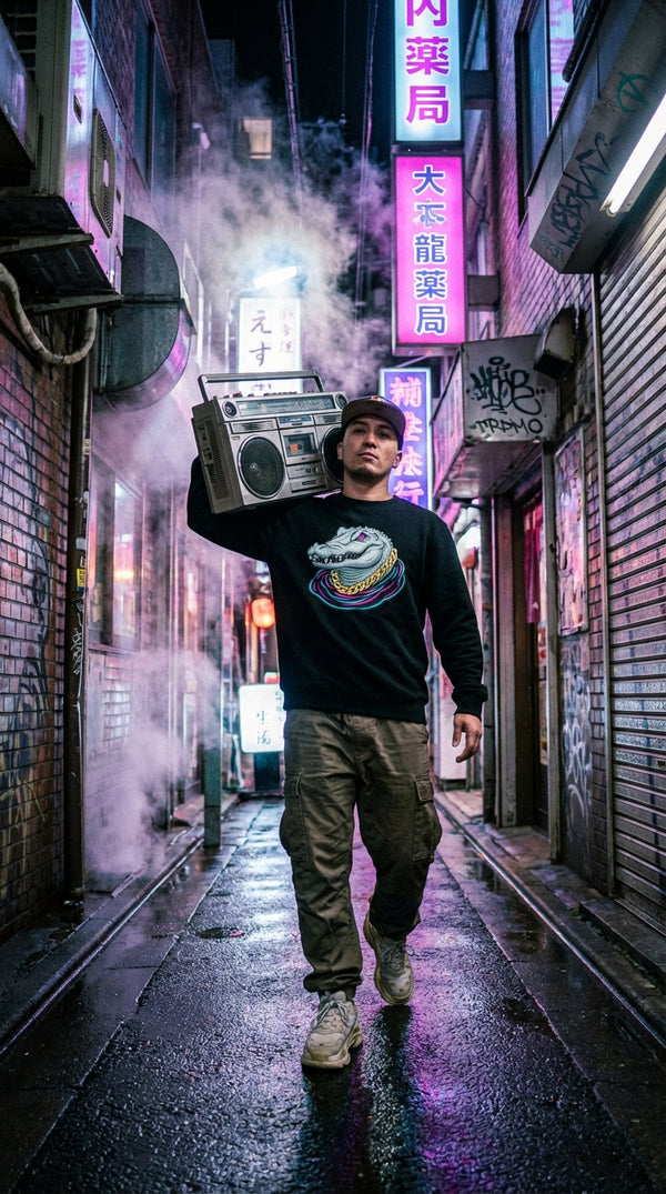 Neon Gator Organic Sweatshirt - Premium Y2K Streetwear - Boombox Carrier in Cyberpunk Slum - 90s Retro Sustainable