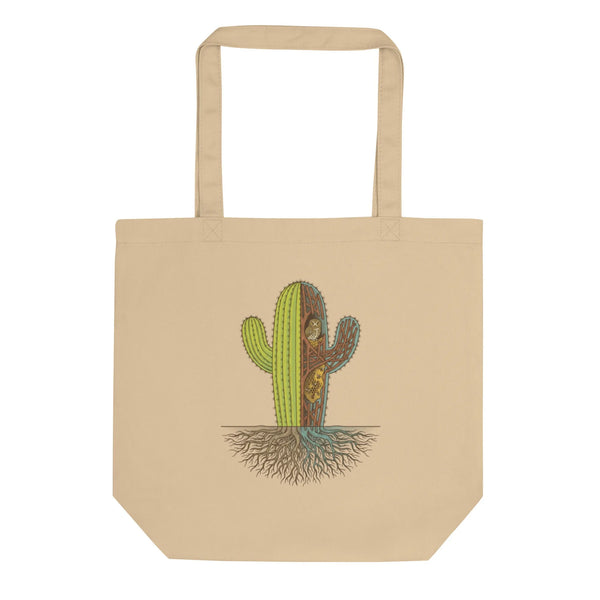 Saguaro Sanctuary Organic Cotton Tote Bag | Eco-Friendly Western Design - Sustainable Organic Design | Primary Flat-lay Front View
