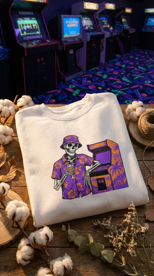 Retro Arcade Skeleton Organic Cotton Sweatshirt - Hero in Neon Arcade Alley - 90s Retro Sustainable