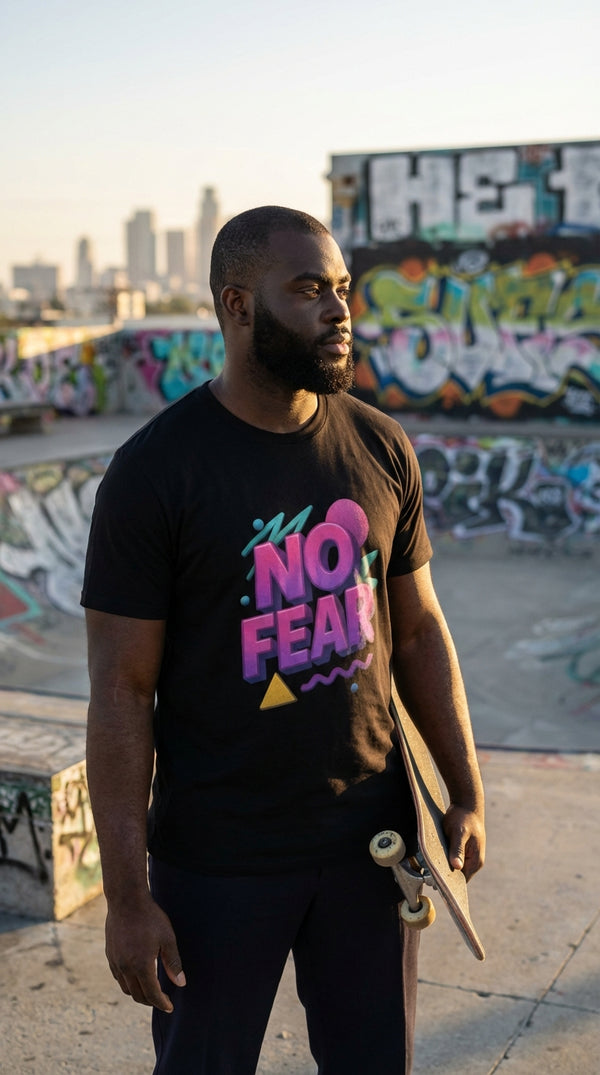 Organic Cotton 'No Fear' Retro Tee - Urban Skater in Rooftop Skatepark - 90s Retro Sustainable