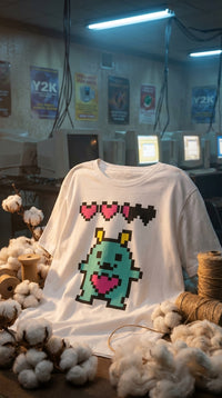 Organic Cotton T‑shirt – Unisex Pixel Creature Health Bar Tee - GOTS Certification Hero in Internet Cafe - Eco-Aesthetic Lifestyle