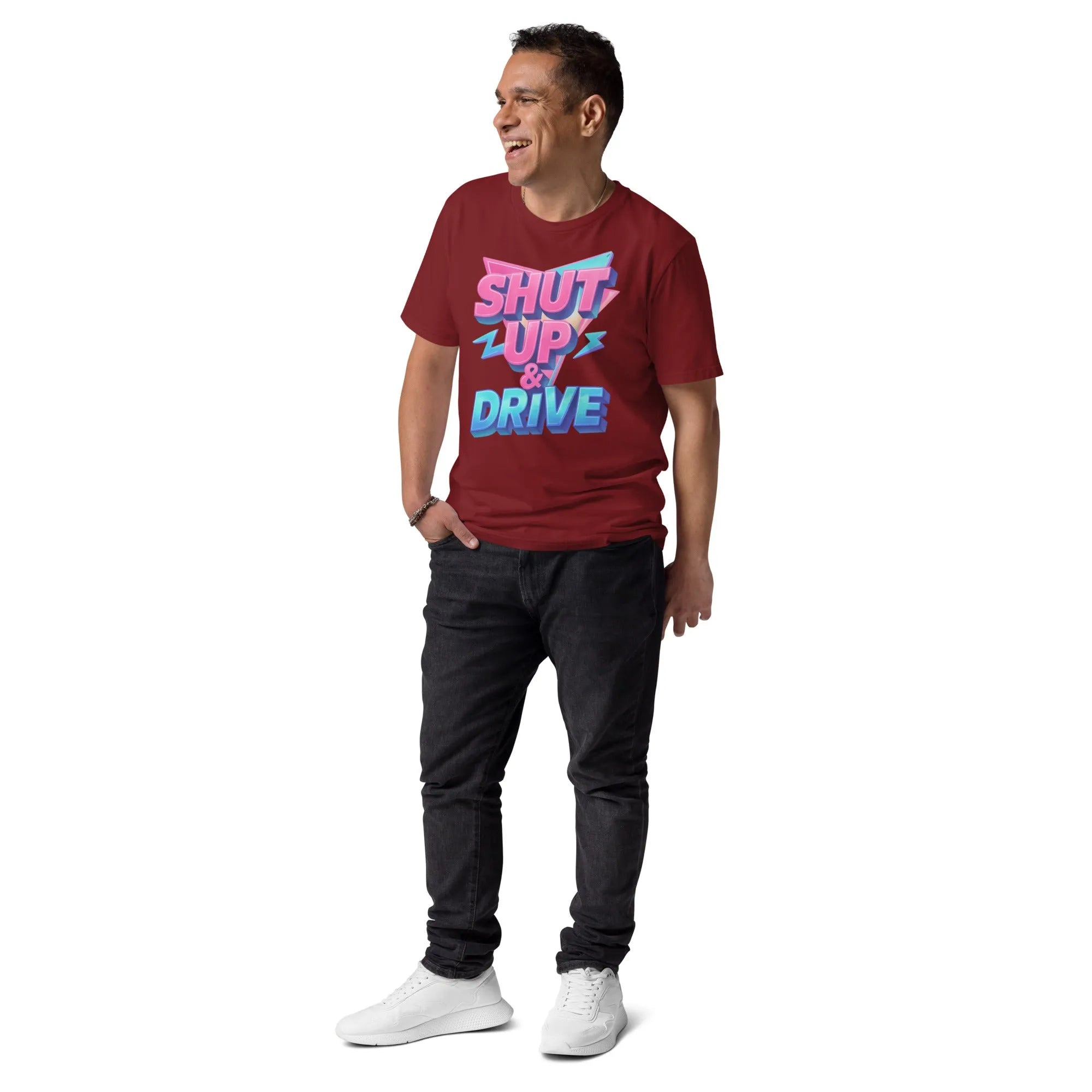 "Shut Up And Drive" Neon 3D Graphic Tee | 100% GOTS Organic Cotton - Sustainable Organic Design | Primary Mockup Front View