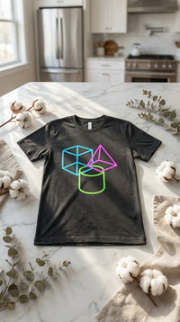 Organic Cotton T‑shirt – Unisex Neon Geometric Shapes Tee - GOTS Certification Hero in Modern Kitchen - 90s Retro Sustainable