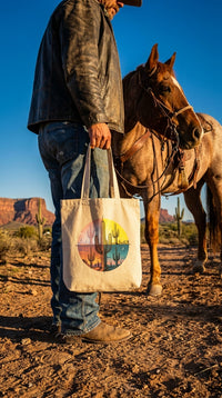Desert Transitions Saguaro Organic Cotton Tote Bag - Trail Rider in Desert Canyon - Eco-Aesthetic Lifestyle