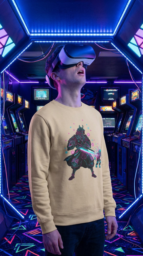 Cyberpunk Samurai Organic Cotton Gamer Sweatshirt - VR Metaverse Explorer in Neon Arcade Alley - Legendary Pull