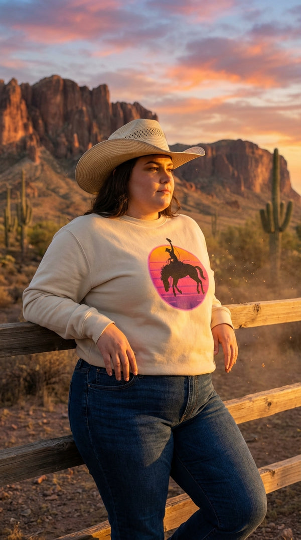 Neon Bronco Organic Cotton Sweatshirt - Cowgirl Model in Desert Canyon - Eco-Aesthetic Lifestyle