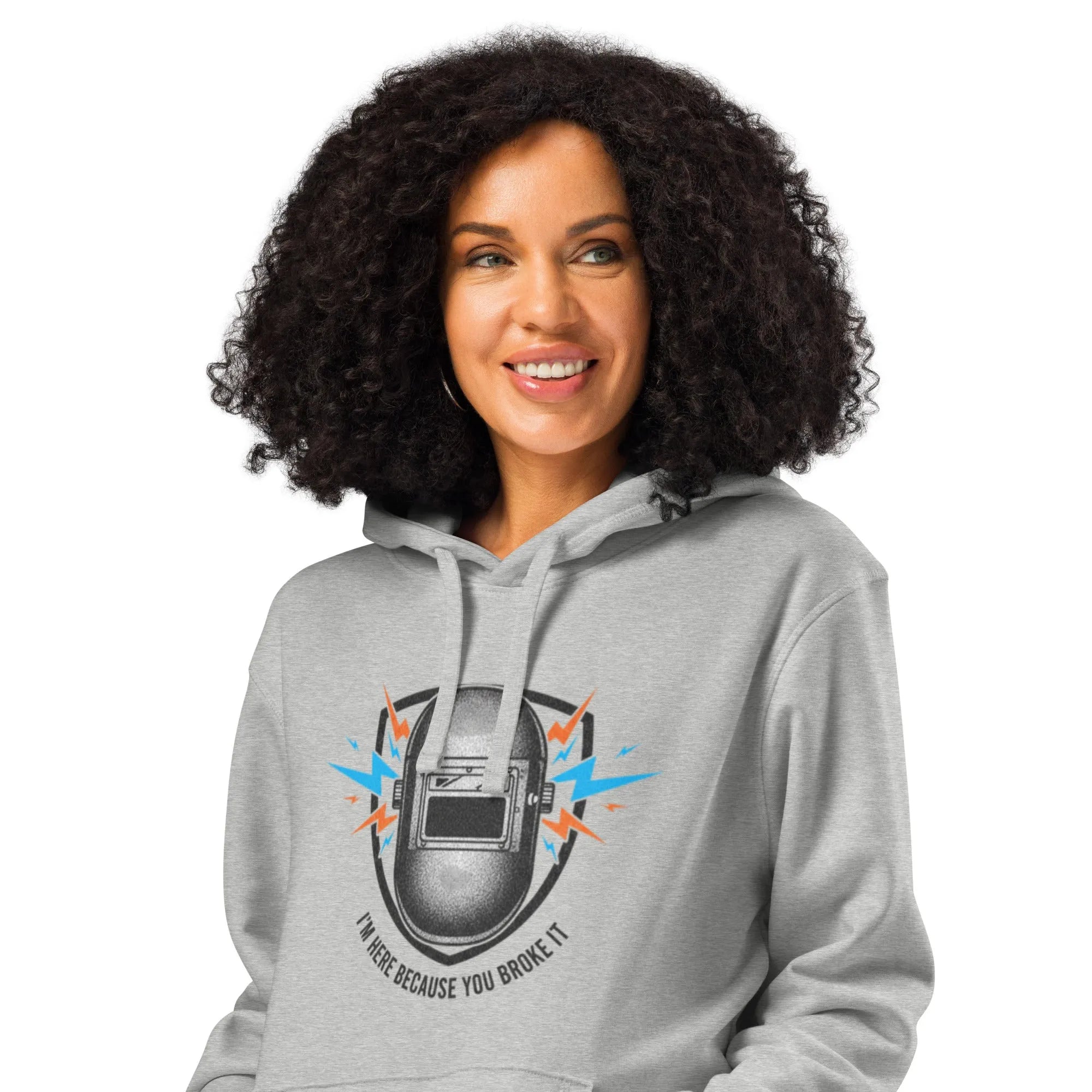 "I'm Here Because You Broke It" Organic Welder Hoodie | Sustainable Tradeswear - Sustainable Organic Design | Detailed Alternative View