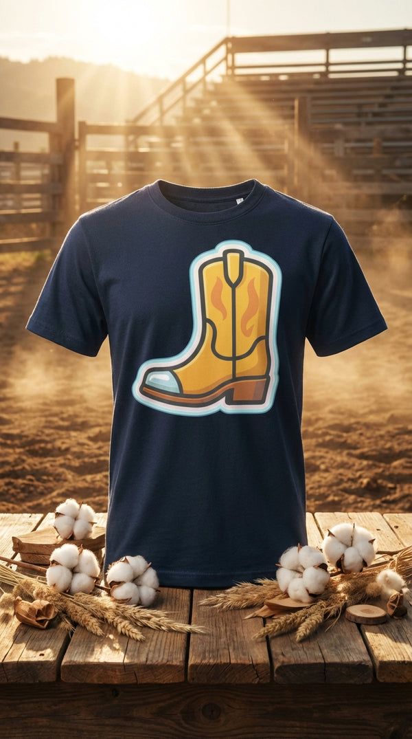 Retro Cowboy Boot Sticker Organic Cotton T-Shirt - GOTS Certification Hero in Rodeo Arena - 90s Retro Sustainable