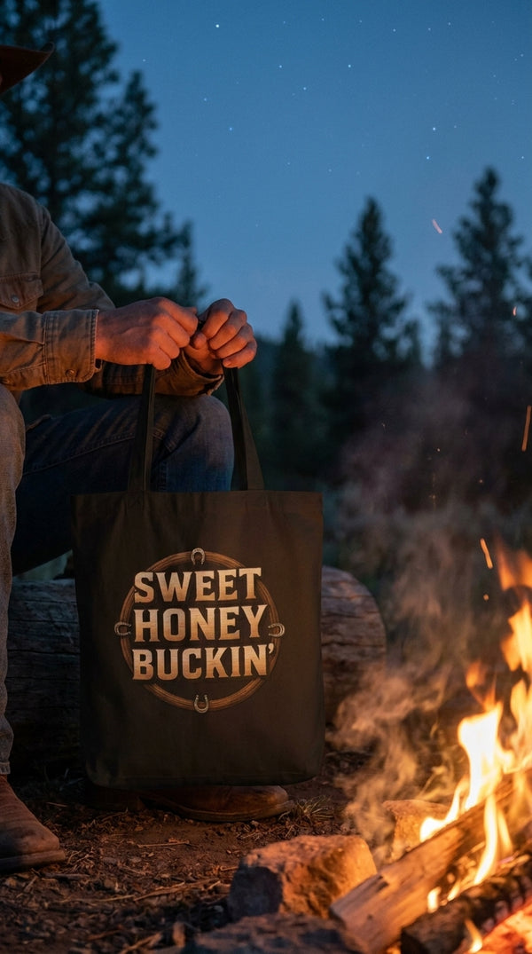 Sweet Honey Buckin' Organic Cotton Tote Bag - Campfire Storyteller in Campfire at Night - Eco-Aesthetic Lifestyle