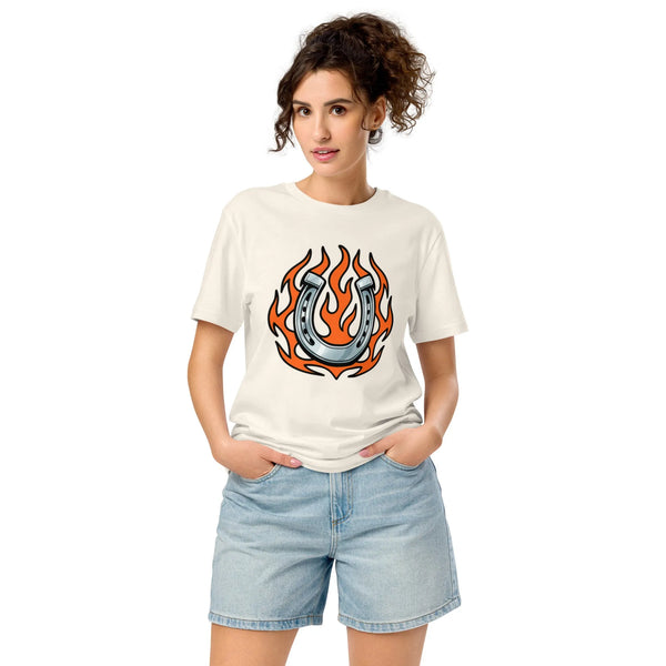 Neon Tribal Horseshoe | 100% Organic Cotton Cowboy Renaissance Tee - Sustainable Organic Design | Primary Flat-lay Front View