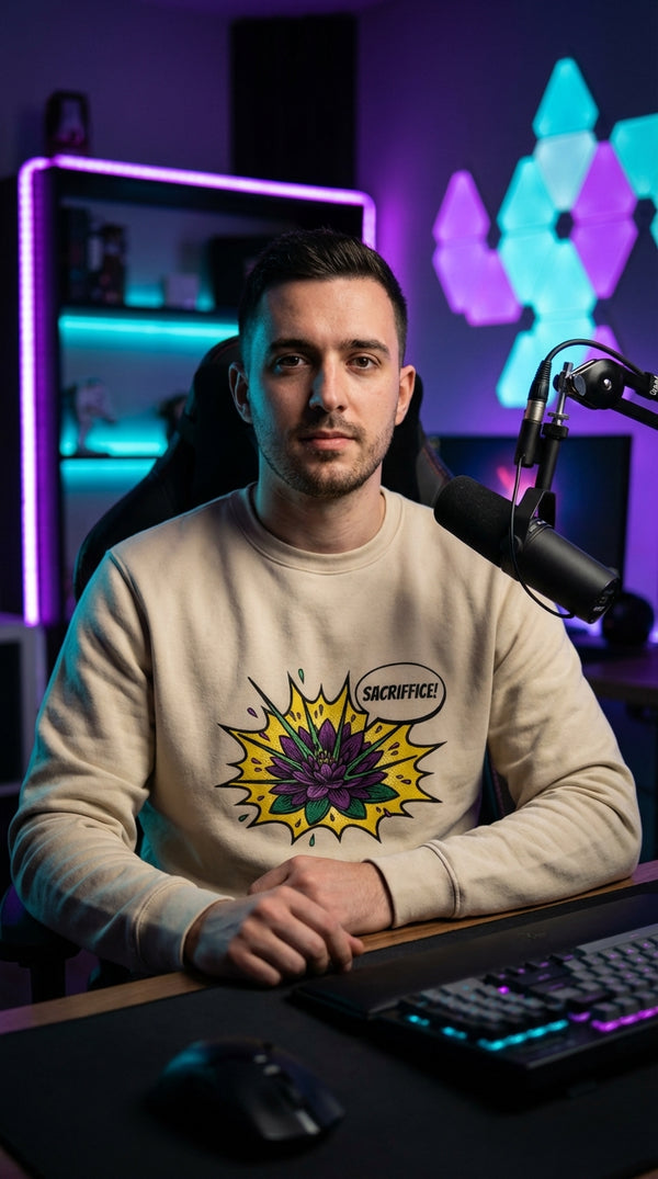 Sacrifice Pop Art Organic Gamer Sweatshirt - Male Streamer in RGB Gaming Room - Mana Color Aesthetic