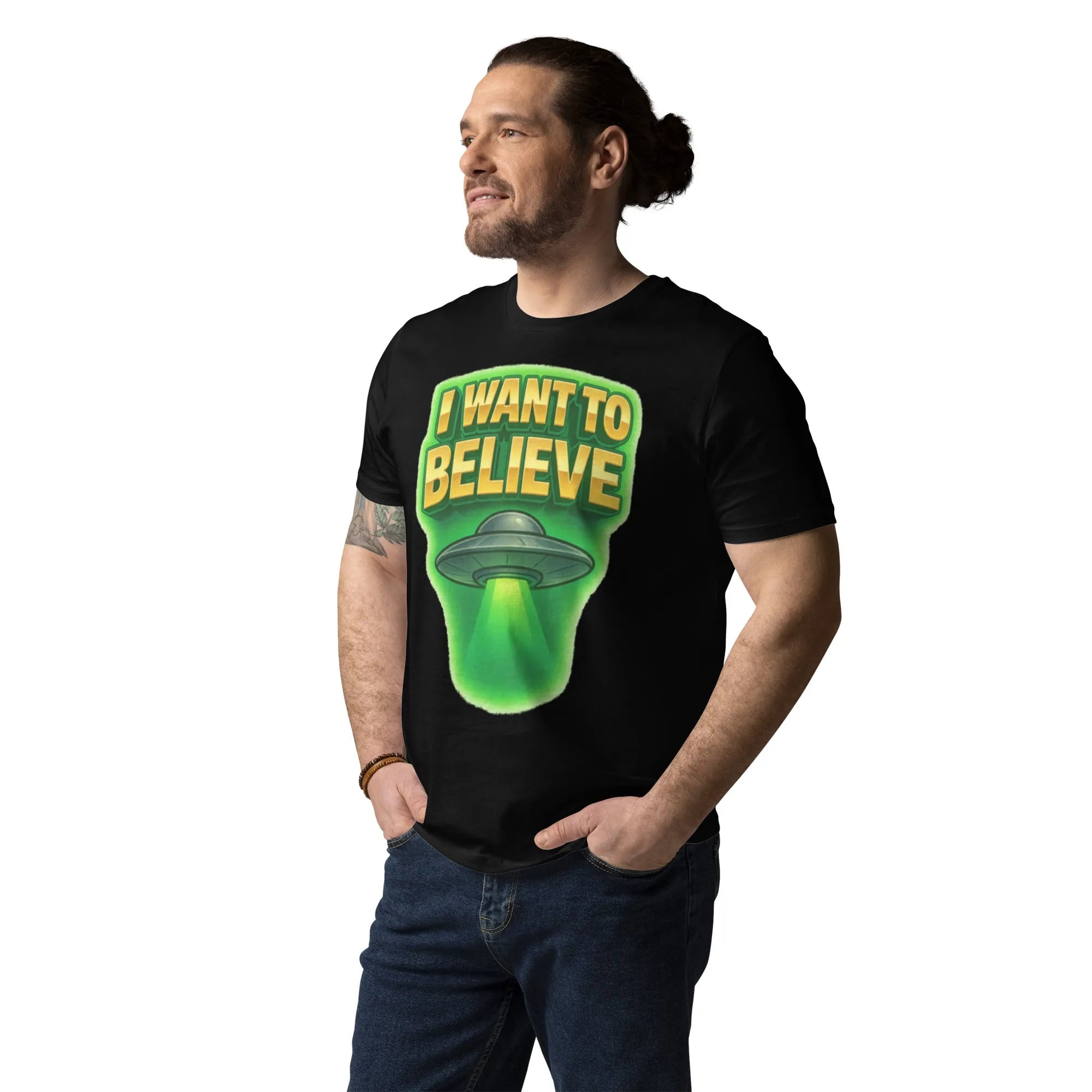 "I Want To Believe" UFO Organic Cotton T-Shirt - Sustainable Organic Design | Primary Mockup Front View