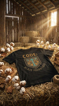 Organic Cotton T‑shirt – Code: Blaze YourRN Trail - GOTS Certification Hero in Rustic Barn - 90s Retro Sustainable