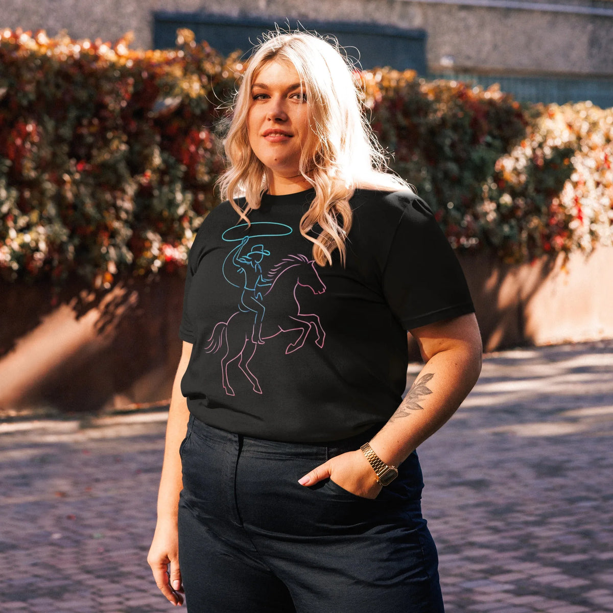 Neon Cowgirl Organic Tee – Cowboy Renaissance Edition - Sustainable Organic Design | Primary Flat-lay Front View