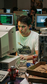Skull Crusher GOTS-certified organic cotton tee worn in a 90s lan party — 90s retro sustainable (2)
