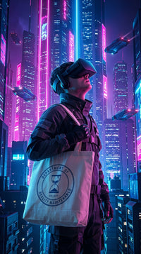 Sustainable Reality Maintenance Organic Canvas Tote Bag - VR Metaverse Explorer in Neon Cyberpunk - GenZ Ethical Hype